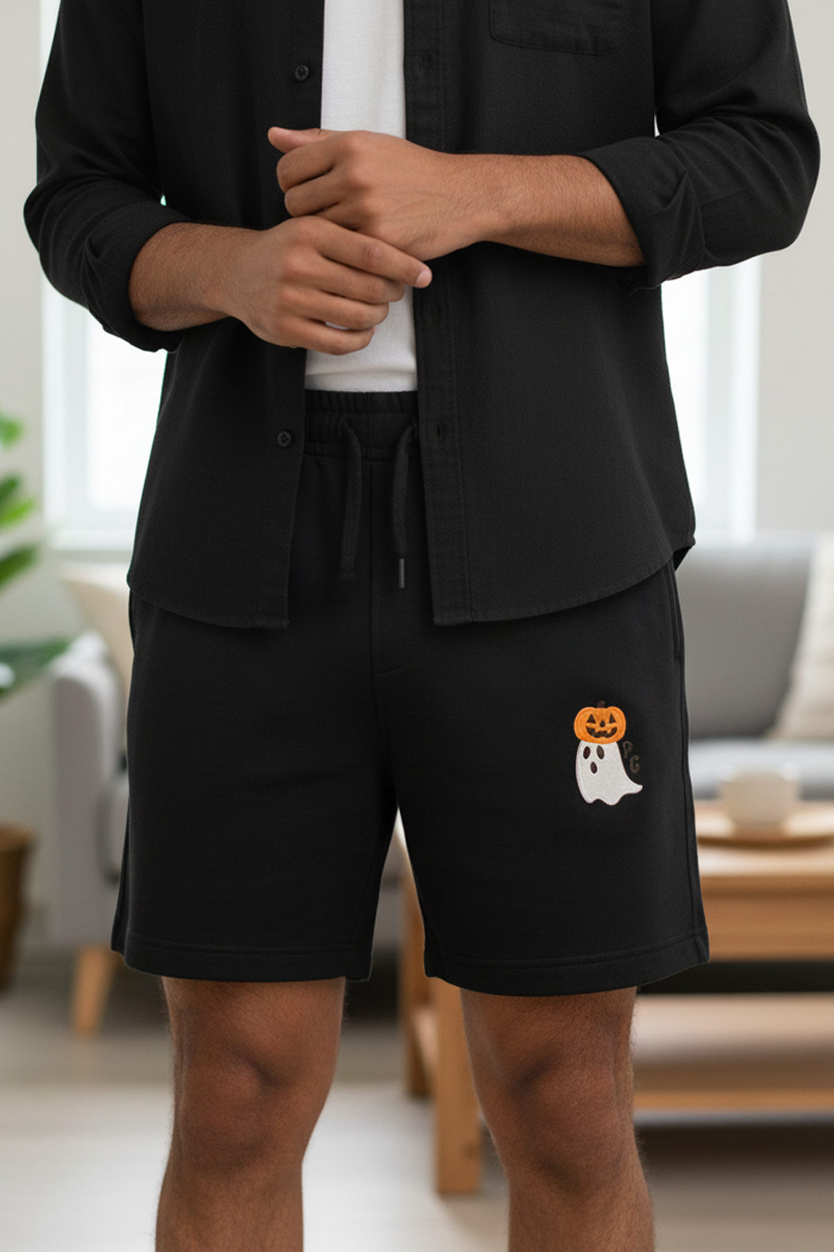Halloween Pumpkin Ghost Embriodered Men's Terry Shorts