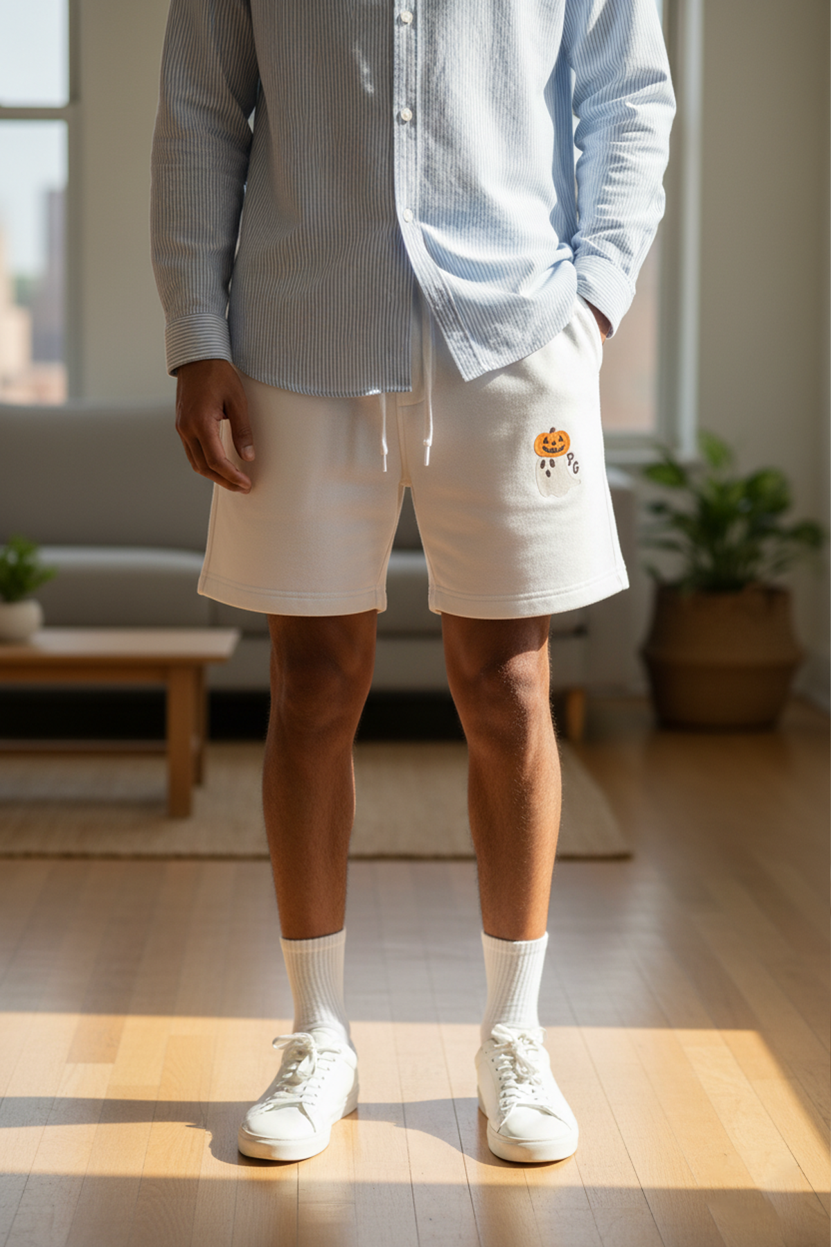 Halloween Pumpkin Ghost Embriodered Men's Terry Shorts