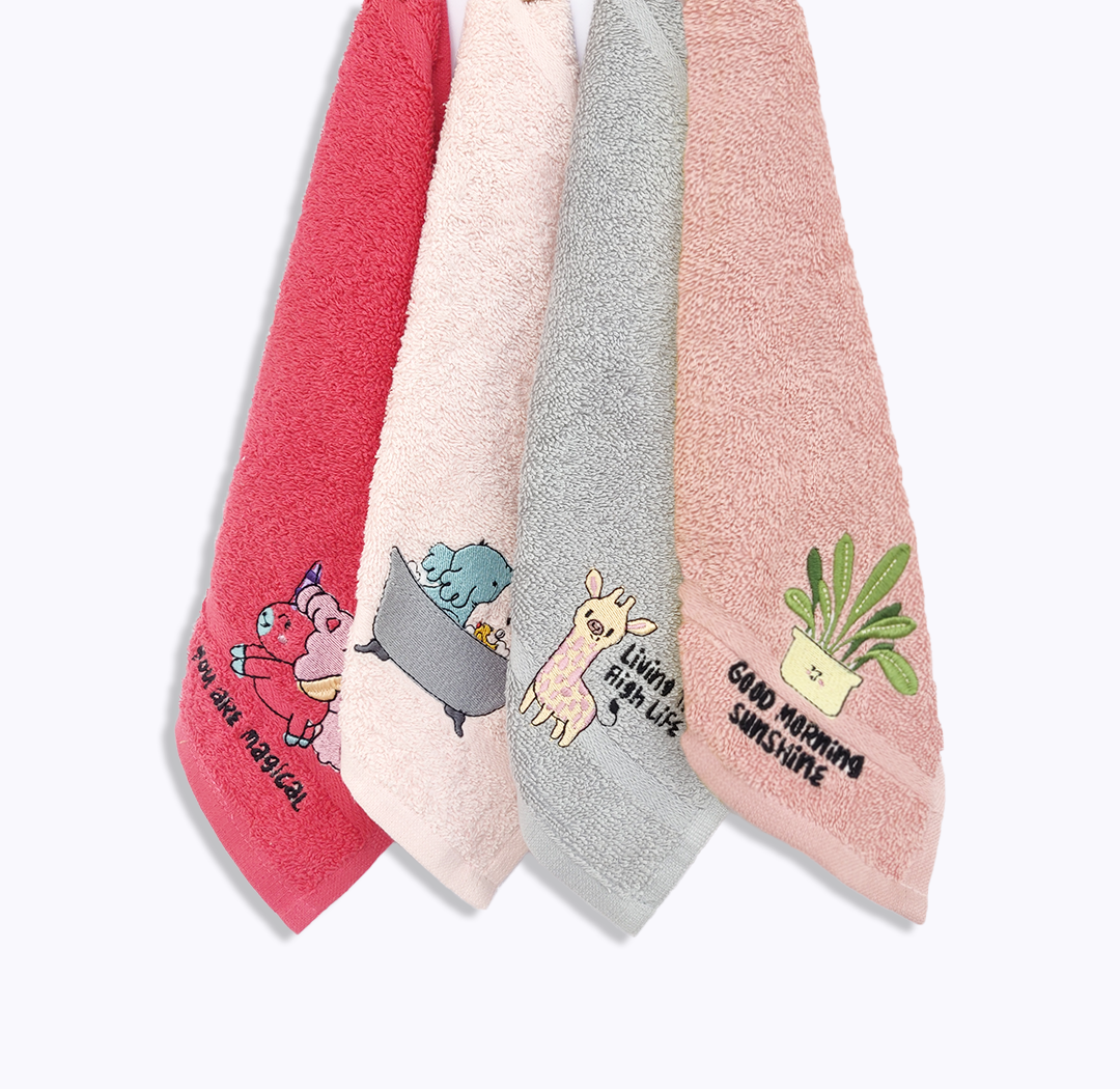 Embroidered Plush Face Towels Set of 4