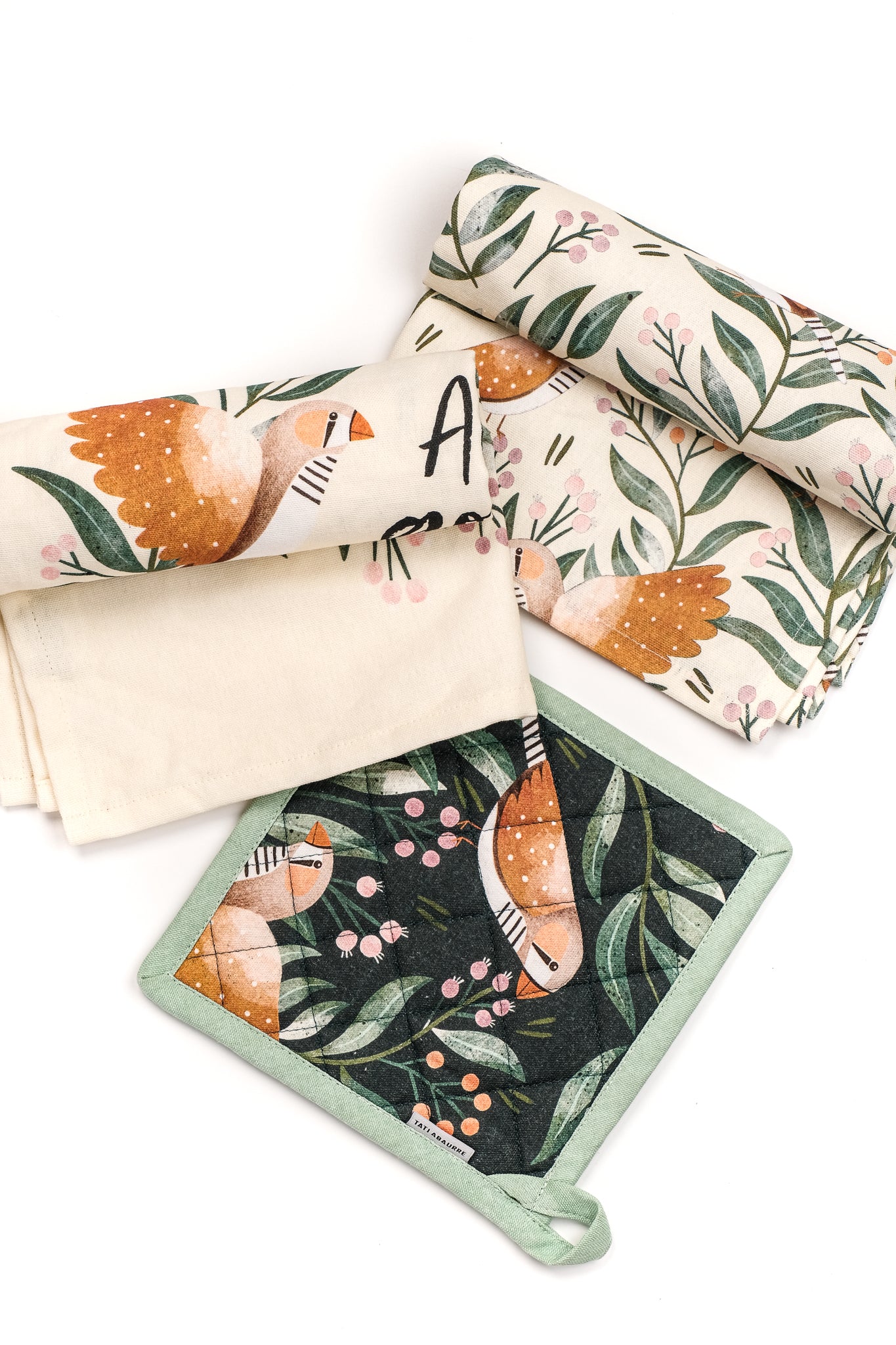 Zebra Finch Pot Holder & Tea Towels Set