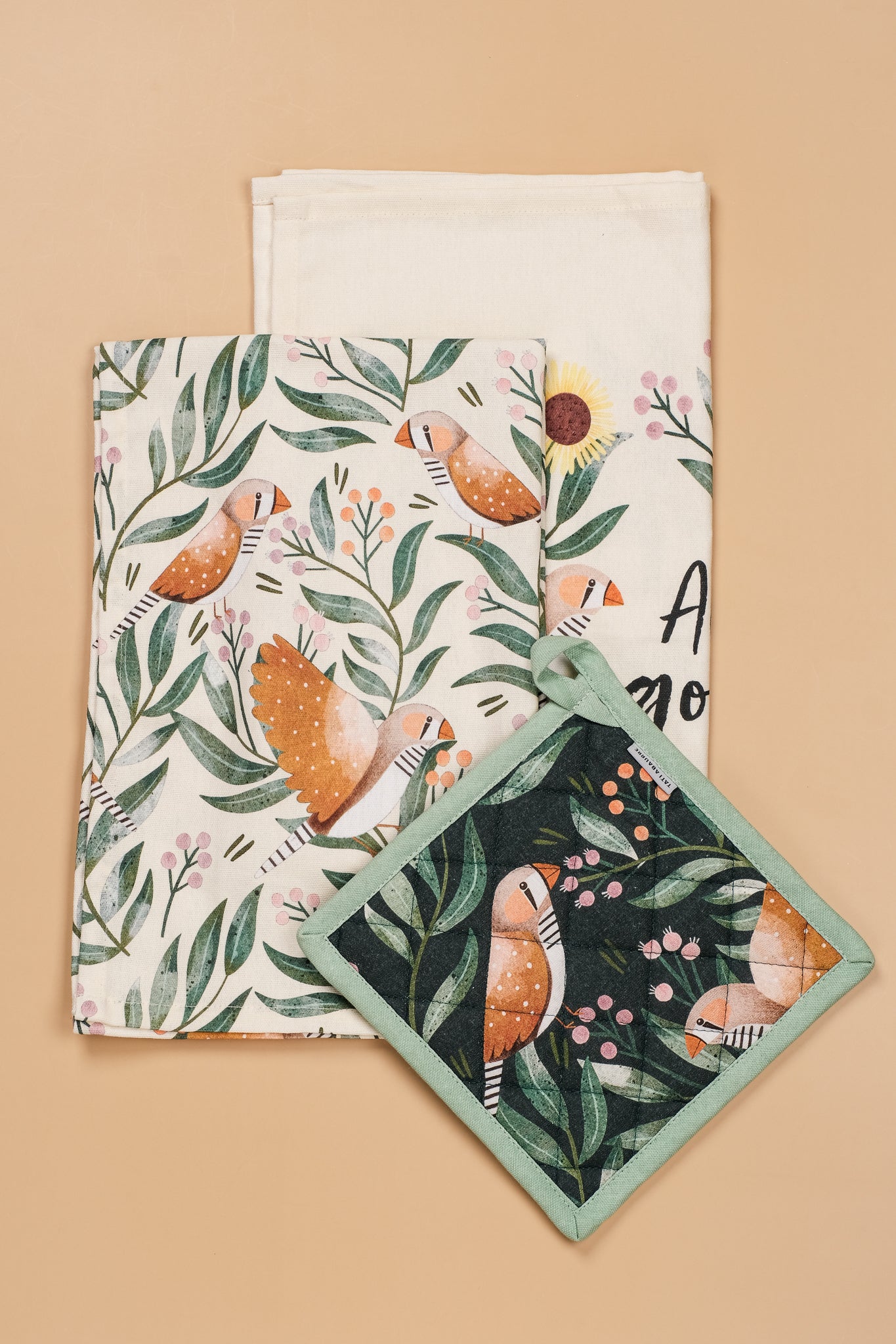 Zebra Finch Pot Holder & Tea Towels Set