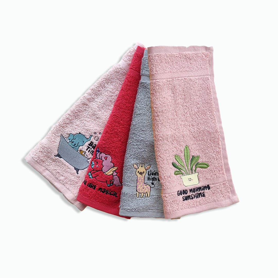 Embroidered Plush Face Towels Set of 4