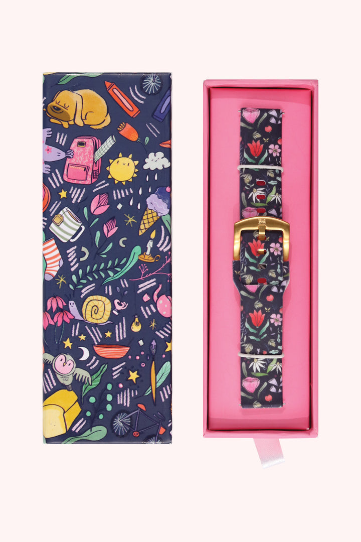 Purple Floral 20mm Watch Strap with Gold Pin Buckle