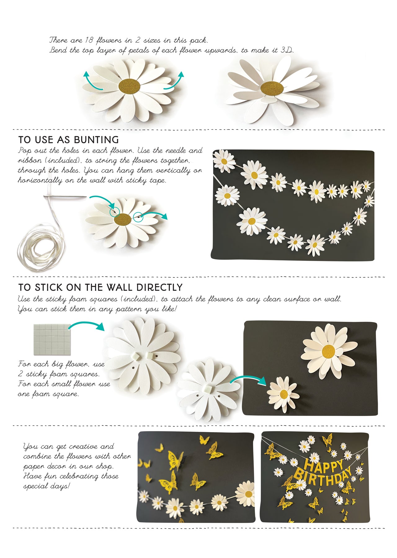 White Daisy and Happy Birthday Paper Party Decor