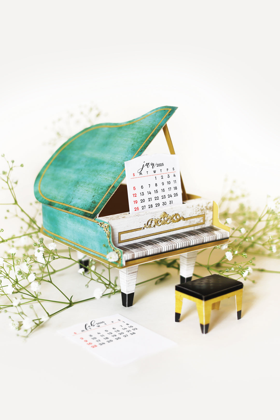 Turquoise Mini Grand Piano Calendar 2024 & 2025 - DIY Paper Craft Kit