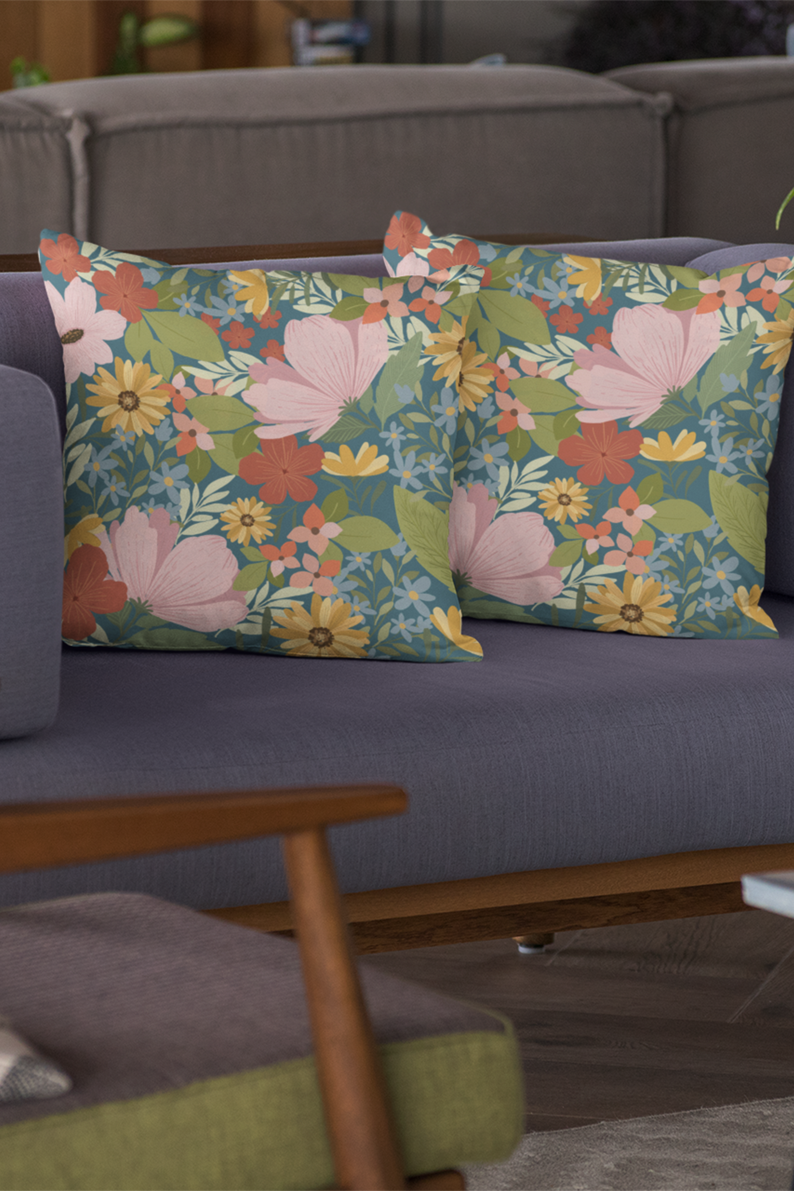 Set of 2 Teal Floral Cushion Covers