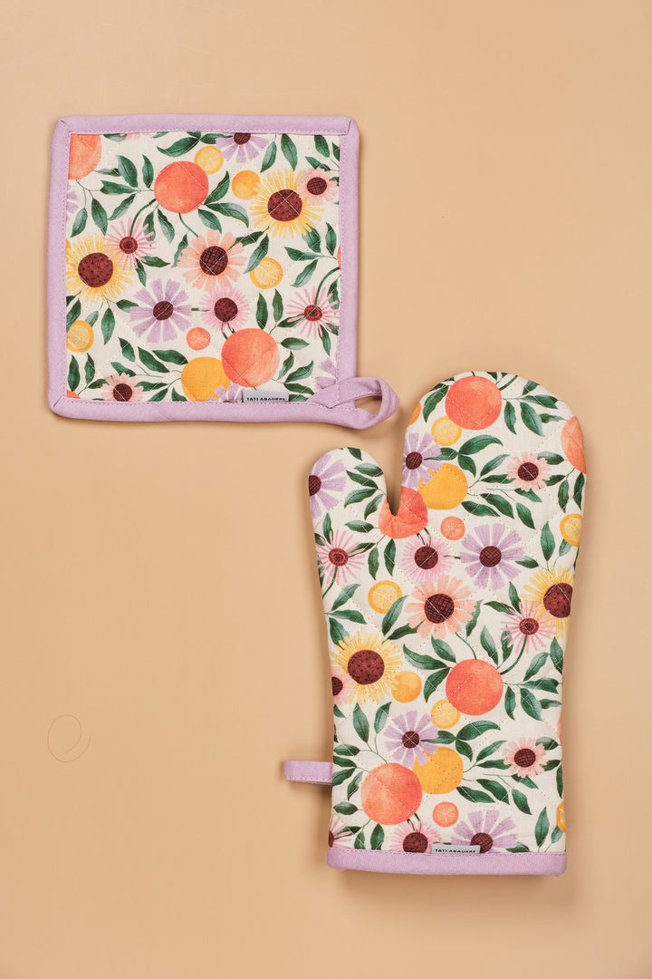 Orange Garden Oven Mitt & Pot Holder Set