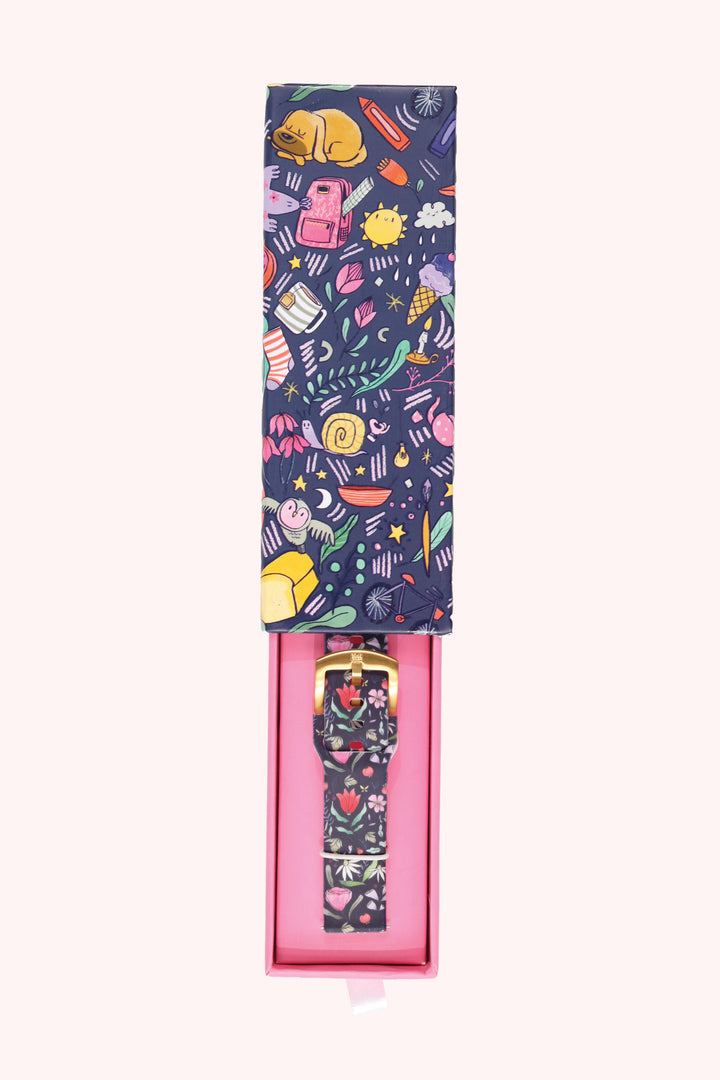 Purple Floral 20mm Watch Strap with Gold Pin Buckle