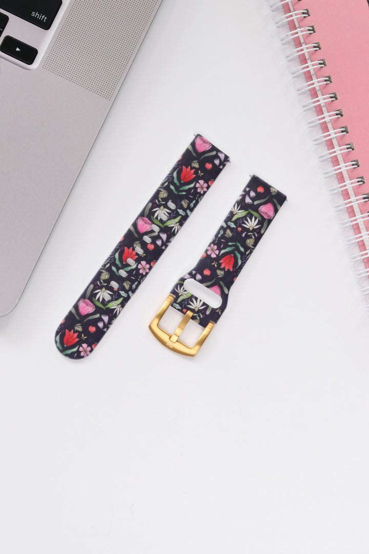 Purple Floral 20mm Watch Strap with Gold Pin Buckle