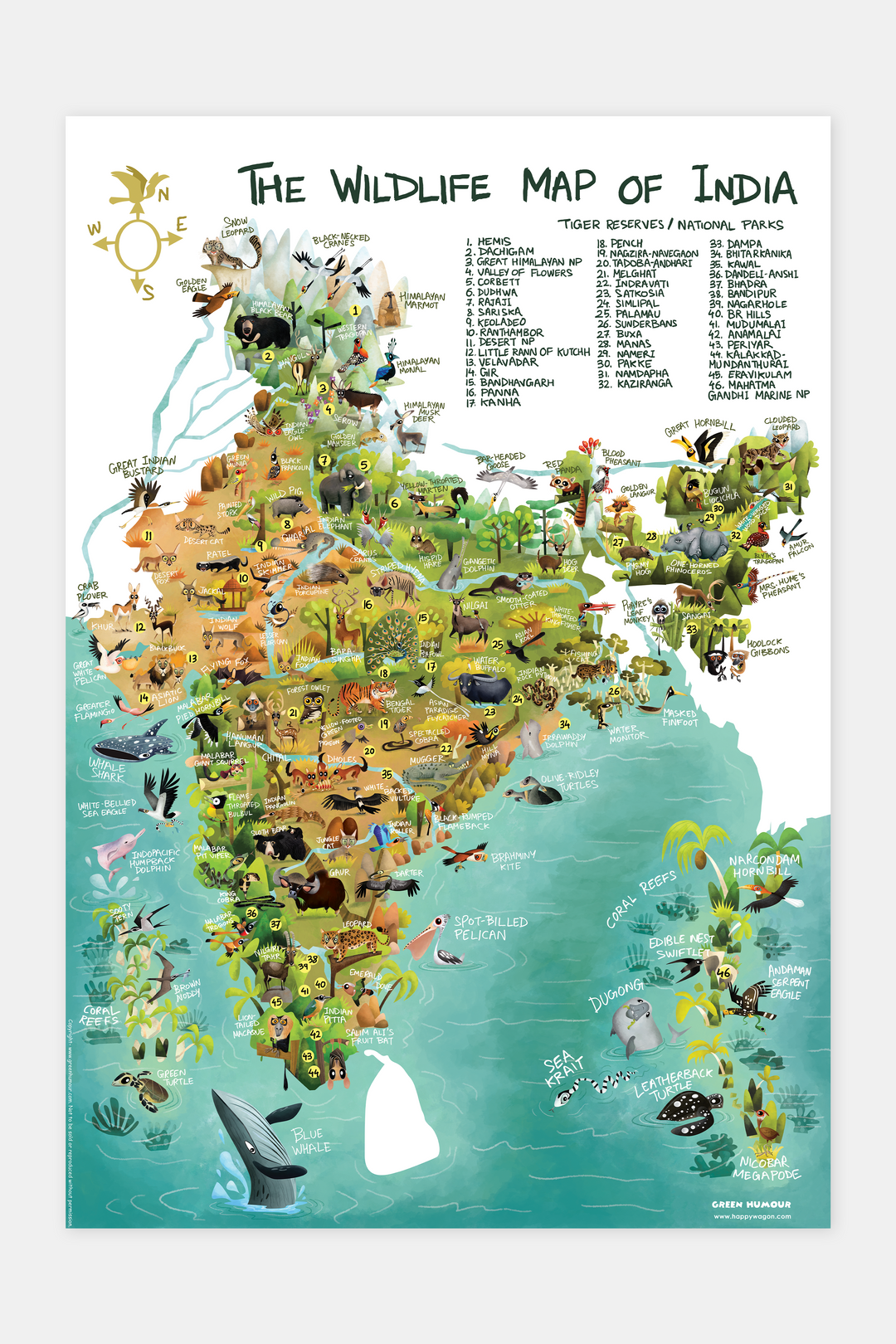 Wildlife Map Of India Non-Tearable Poster
